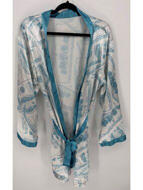 Money-Print Satin Kimono Robe With Tie Closure Lightweight Loungewear